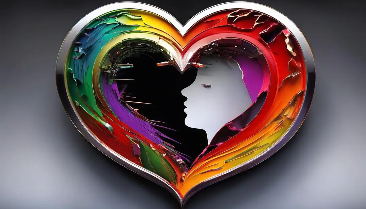 A picture of a person looking at a broken heart being mended with vibrant colors, symbolizing healing from infidelity.